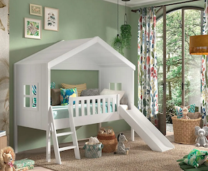 Hussäng 90x200 vit med rutschkana och stege – äventyrssäng i FSC-certifierad furu